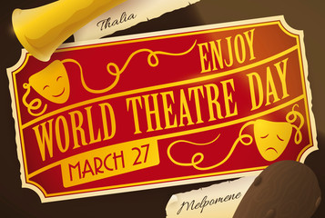 Golden Ticket for Special Presentation during World Theatre Day, Vector Illustration
