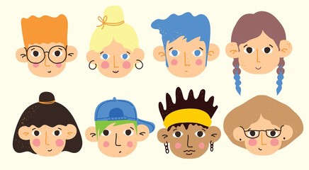 Set of various cute people, faces and heads. Hand drawn cartoon avatar icons in the flat style.