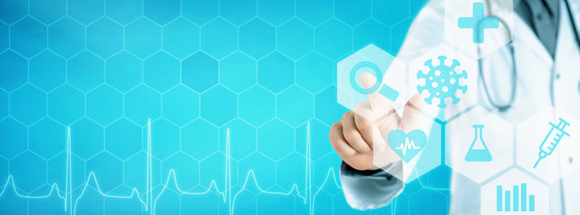 Doctor touching an icon on a futuristic interface with copy space