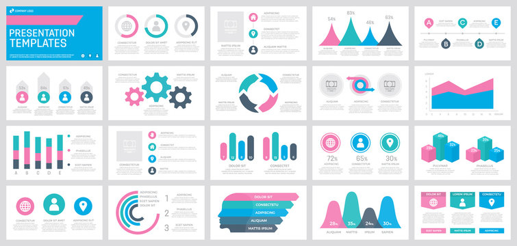 Set of pink, turquoise, blue and dark grey elements for multipurpose presentation template slides with graphs and charts.