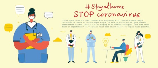 Stay at home. Stop coronavirus. People wearing protective medical mask for prevent virus Covid19 in the flat style
