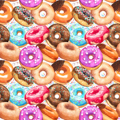 Donuts pattern sweet confectionery icing chocolate marshmallows seamless watercolor illustration background