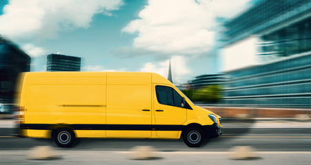Fast mail and parcel delivery, yellow mail car in a modern city. With motion blur, delivery truck in side view.