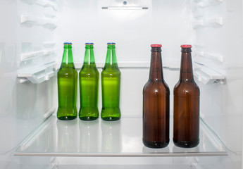 Green and brown glass beer bottles stand on a shelf in the refrigerator.