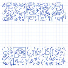Online english school for children. Learn language. Education vector illustration. Kids drawing doodle style image.