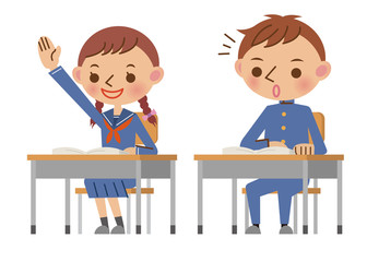 授業中、手を上げて質問する女子中学生（高校生）と、それに驚く男子中学生（高校生）