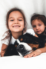 Naklejka na ściany i meble little girls in bed with dog Bernese Mountain Dog, friendship