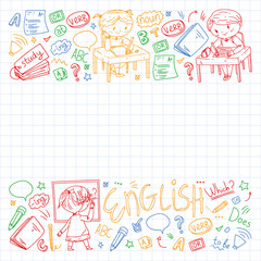 Online english school for children. Learn language. Education vector illustration. Kids drawing doodle style image.