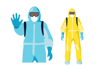 A man in a suit of chemical and biological protection. Flat character in uniform for design, epidemic, pandemic, quarantine. Vector illustration isolated on a white background
