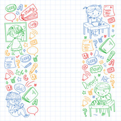 Online english school for children. Learn language. Education vector illustration. Kids drawing doodle style image.