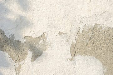 Obraz premium gray wall of old house closeup. White peeling plaster. Cracks on the surface of building or fence. City building concept. Copy space. Place for text. Selective focus image.