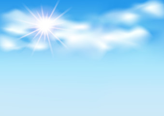 Naklejka na ściany i meble Blue sky with clouds and sun, sunny day, background blue sky. Vector.
