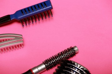 Hairdressing mockup - with brush, spray and sciccors - on white background top-down frame copy space. Background. Tools for the hairdresser.	