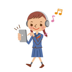 スマートフォンで音楽を聴きながら歩く女子中学生・高校生（セーラー服）