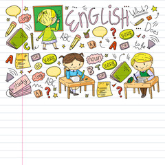 Online english school for children. Learn language. Education vector illustration. Kids drawing doodle style image.