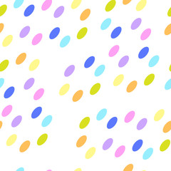  Seamless pattern with multi-colored yellow, orange, green, pink, purple, blue bright ovals on a white background. Use for fabric, textile, napkins, packaging, web design, children's things.