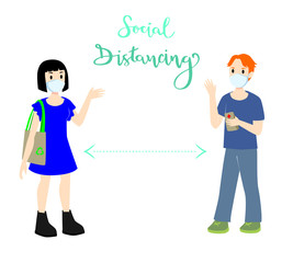 Man and woman with mask practicing social distancing
