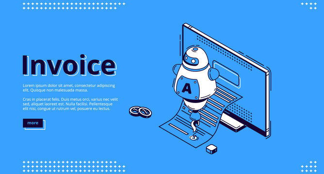 Invoice Banner. Security Digital Payment Concept. Vector Landing Page Of Electronic Finance With Isometric Icon Of Computer Monitor With Receipt And Assistant Chat Bot