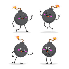 Set of funny black bombs with various expressions of emotion on their faces.