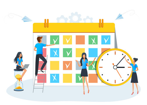 Planning schedule, calendar or planner concept. Teamwork and effective time management. Team of business people filling the schedule in the timetable. Can use for web banner, presentation, mobile app