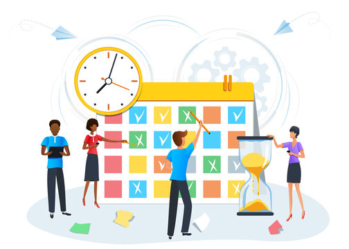 vector illustration, planning schedule calendar reminder, organize daily routine, business people meeting, effective time management, deadline, agenda or appointments, work planning, tasks scheduling