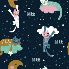 Hand getekende vector schattige cartoon naadloze patroon illustratie kat op de maan en de wolk voor baby textiel of huisdecoratie