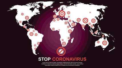 Coronavirus World map: The COVID-19 virus interactive map tracker in vector illustration. Stop coronavirus (Covid-19), stay home. Prevention of Coronavirus Disease. Global COVID-19 coronavirus.