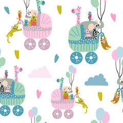 Hand getekende vector schattige cartoon naadloze patroon illustratie kinderwagen met dieren op de witte achtergrond voor baby textiel, doek, linnen textuur of huisdecoratie