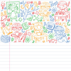 Back to school. Vector icons and elements for little children, college, online courses. Doodle style, kids drawing