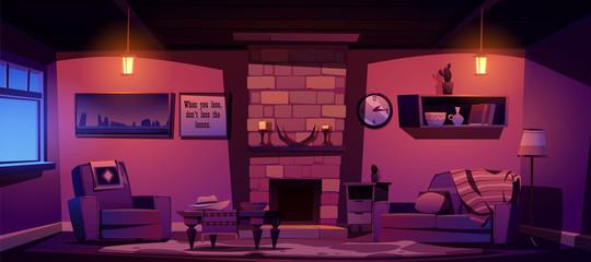 Wild west living room at night, empty interior with western rustic style furniture. Cartoon vector fireplace with horns and candles, couch with plaid, armchair, table, glow lamps and cow skin rag