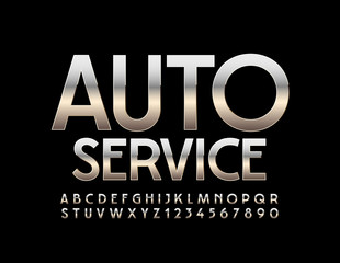 Vector metallic sign Auto Service. Silver modern Font. Reflective Alphabet Letters and Numbers