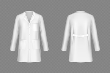 White doctor coat, medical uniform isolated on transparent background. Vector realistic mock up of lab costume front and back view. Clothes for medicine profession, nurse suit, physician robe