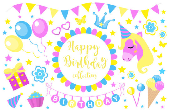 Happy birthday modern cute icons set, cartoon flat style. Party collection of design elements with unicorn, balloons, gerland, sweets. Candy and cake for childrens holiday kit. Vector illustration