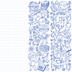 Online learning, education. Back to school. Vector icons and elements for little children, college. Doodle style, kids drawing