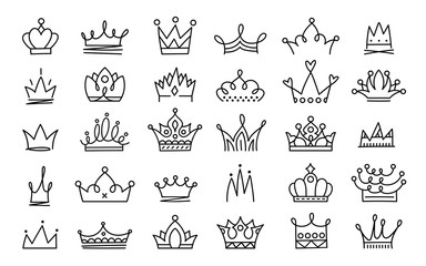 Doodle crowns. Line art king or queen crown sketch, fellow crowned heads tiara, beautiful diadem and luxurious decals vector illustration set. Royal head accessories linear collection Wall mural