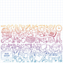 Online education concept. Vector icons and elements for little children, college, internet courses. Doodle style, kids drawing.