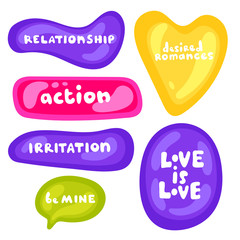 Speech bubbles about love and relationship. Collection of vector tickets, labels, stamps, stickers, corners, tags on white background. Set of stickers on different shapes. Expression, speech, phrase