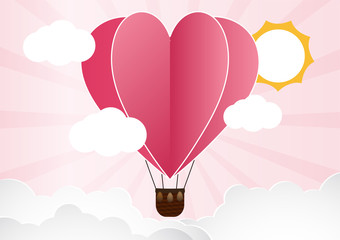 illustration of love and valentine day,Origami made hot air balloon flying over cloud with heart float on the sky.paper art style.