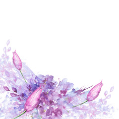 Fototapeta na wymiar Watercolor background, greeting card, with a picture of wild pink flowers, grass, tulip, abstract spots. A beautiful, fashionable illustration. Whirlwind of pink flowers, daisy,cornflower,tulip,willow