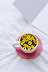 Сup with yellow flowers inside, on a white bed in the morning with notepad and pen. Spring background