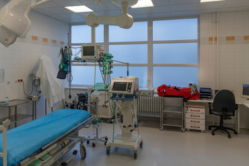 Emergency reception, transportation trolley, medical ventilator and monitor in ICU in hospital, a place where can be treated patients with pneumonia caused by coronavirus covid 19
