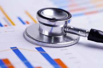 Stethoscope on charts and graphs spreadsheet paper, Finance, Account, Statistics, Investment, Analytic research data economy and Business company concept.