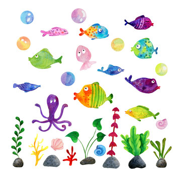 Large set of aquarium, marine fish with bubbles, algae, octopus, jellyfish and corals. Children's illustration, watercolor clipart on a white background.