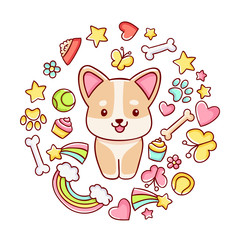 Cute kawaii hand drawn corgi dog doodles, circle print , isolated on white background