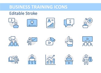 Set of Business Training Related Vector Line Icons. Contains such Icons as Teacher, Class, Presentation, Video, Book, Mentoring, Target and more. Editable Stroke. 32x32 Pixels.