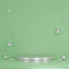 3d rendering scene with composition empty silver cylinder podium for cosmetic product presentation & abstract background. Mockup Geometric shape in green pastel colors. Minimal design empty space.