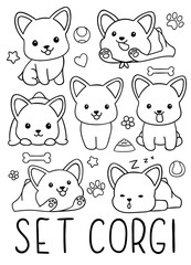 Coloring pages, black and white, set cute kawaii hand drawn corgi dog doodles