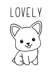 Coloring pages, black and white cute kawaii hand drawn corgi dog doodles, lettering lovely