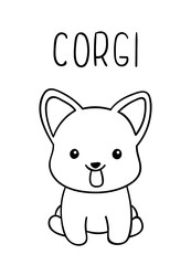 Coloring pages, black and white cute kawaii hand drawn corgi dog doodles, lettering corgi
