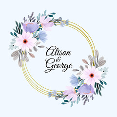 soft blue purple floral watercolor wreath with golden frame